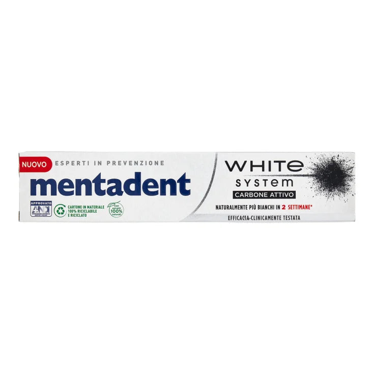 MENTADENT WHITE SYSTEM CARBONE ATTIVO – IL POTERE DELLA NATURA PER UN SORRISO PIÙ BIANCO! 🌟🦷
