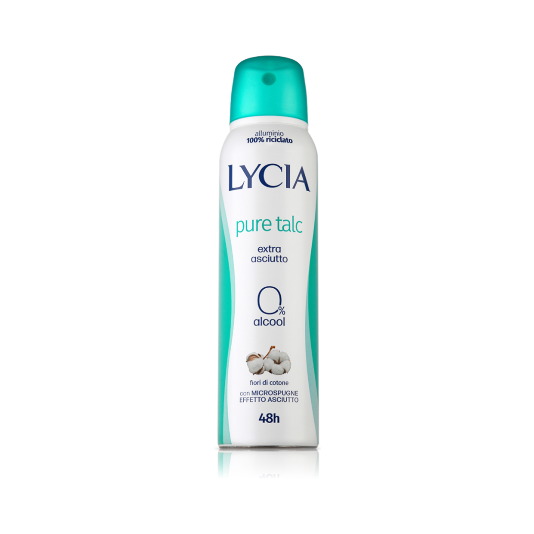 Lycia Pure Talc Extra Asciutto Deodorante Spray – 48H di Protezione, 0% Alcool, Fiori di Cotone – 150ml