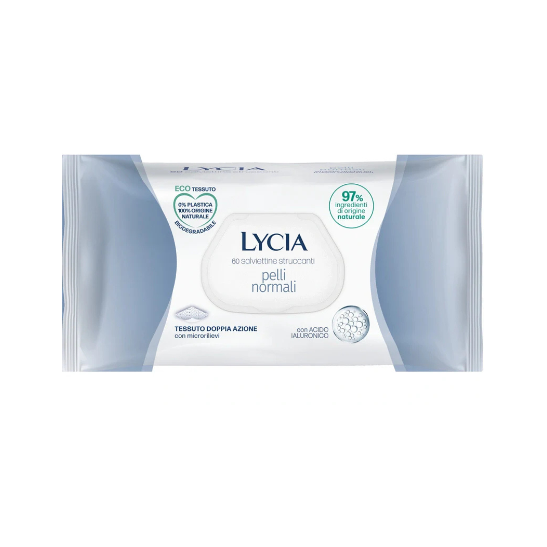 Lycia Salviettine Struccanti – Pelli Normali 60 salviettine | Con Acido Ialuronico | Eco Tessuto