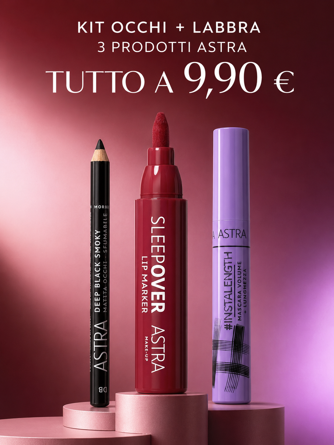 Kit Make-Up Astra Occhi e Labbra 3 Pezzi – Sleepover Lip Marker 04, Mascara #InstaLength e Matita Deep Black Smoky
