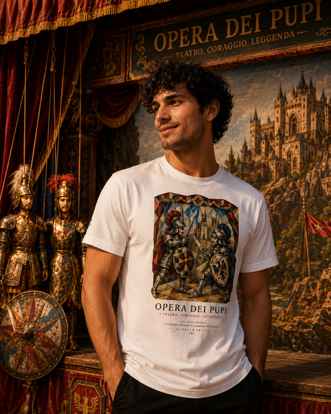 Modello con T-shirt Opera dei Pupi Etna Spirits sul palcoscenico